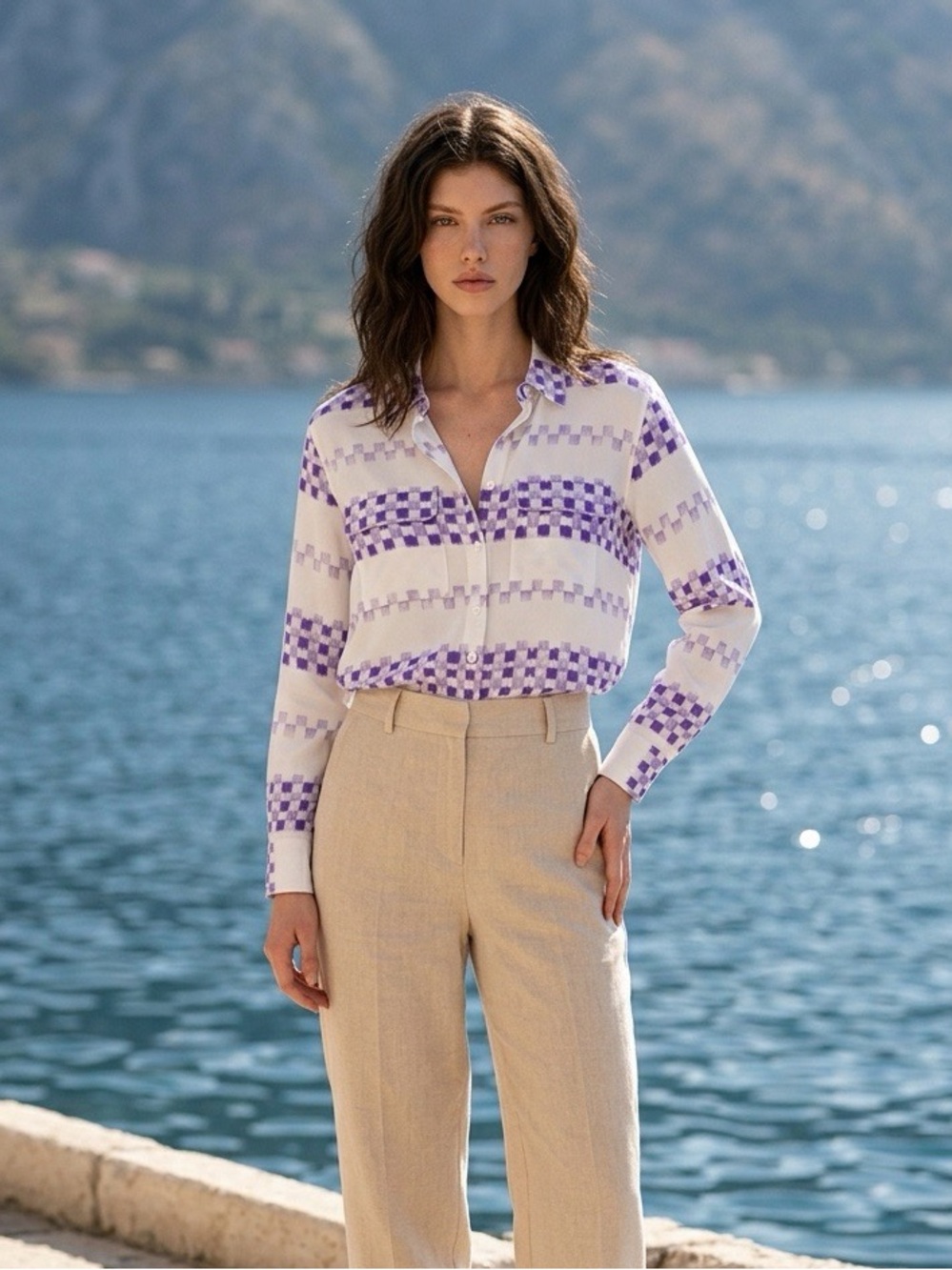 Equipment Femme White/Purple Checker Silk Shirt, Size M